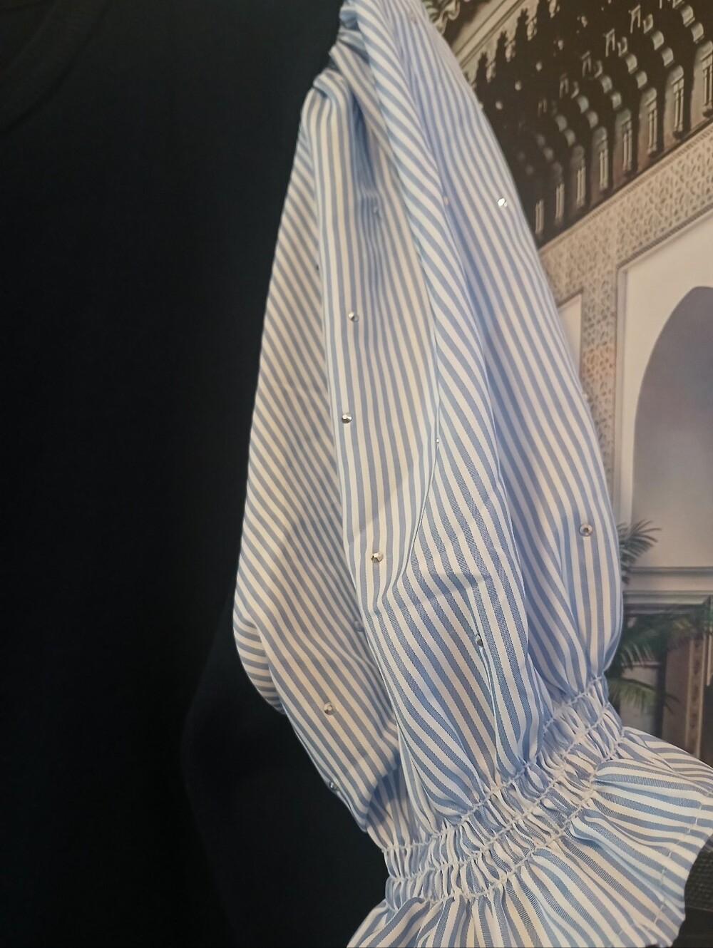 Nannette Navy Ribbed Knit Top with Blue-White Striped Sleeve Detail - Picture 5 of 12